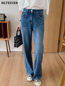 Tek Düğme Bel Kadınlar için Rahat Gevşek Uzun Denim Kot Pantolon Yüksek BGTEEVER Geniş paçalı Kot Pantolon Bayanlar 