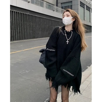 Vintage Kazak Kadın Sonbahar Kış Yeni Kore Versiyonu Örgü Üst Siyah Vahşi O-Boyun Gevşek Uzun Kollu Kazak Kazaklar Streetwear