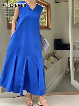 CHICEVER Rahat Mavi Tank Elbise Kadınlar İçin V Boyun Kolsuz Yüksek Bel Katı Minimalist Midi Elbiseler Kadın Yaz Giyim 2022
