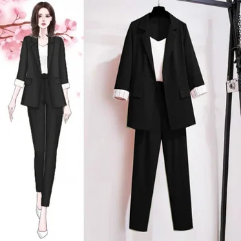 Gevşek İnce Takım Elbise Yüksek Bel Rahat pantolon Yelek Üç parçalı Takım Elbise kadın Ceket Pantolon Takım Elbise Bahar ve Yaz Yeni Kore Tarzı