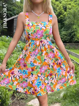 JİM ve NORA Seksi 2022 yaz elbisesi Kadın Kolsuz Spagetti Kayışı Backless Renkli Çiçek Baskı Rahat Elbiseler Moda Y2k