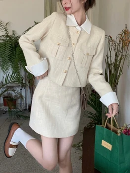 Sonbahar Zarif İki Parçalı Set Kadın Kore Moda Patchwork Parti Mini Etek Takım Elbise Uzun Kollu Tasarımcı Etek Seti Kadın 2022 Yeni