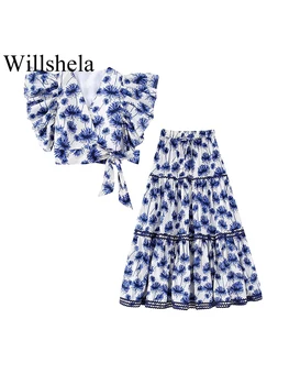 Willshela Kadın Moda 2 Parça Set Baskılı Ruffled Kırpılmış Gömlek & Vintage Pileli Midi Etek Chic Lady Etekler Setleri