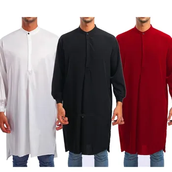 Düz Renk Suudi Arap Erkekler Müslüman Geleneksel Thobe Düğme Uzun Gömlek Türk Rahat Erkek Uzun Kollu İslami Giyim