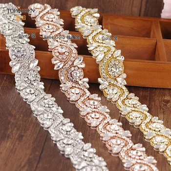 TOPQUEEN S164 1 ADET El Yapımı Kristal Gelin Kemerleri Aplike Accesorios Elbise için Gümüş Gül Altın boncuklu yapay elmas Yamalar