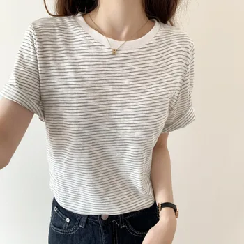 Klasik Şerit pamuklu tişört Kadın Yaz 2022 Yeni Moda Gevşek Vintage Kısa Kollu Temel Tişörtleri Kadın Kore Tarzı Üstleri