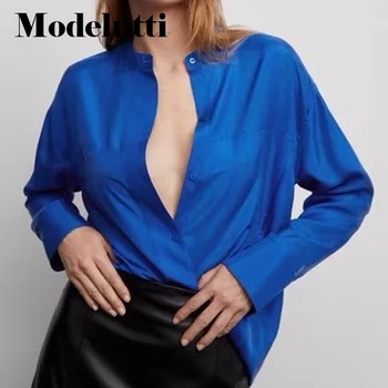 Modelutti 2022 Yeni Sonbahar Moda Kadınlar Uzun Kollu Yaka Düz Renk Gömlek Gevşek Bluzlar Basit Casual Tops Kadın Şık