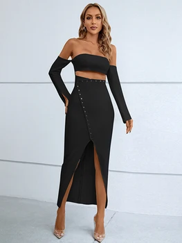 Zarif Kapalı Omuz Uzun Kollu Bandaj Uzun Elbiseler Kadınlar için Seksi Kıyafeti Cut Out Sequins Bodycon Moda Kulübü Maxi Parti Elbise