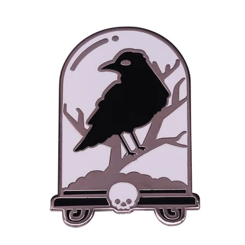 Siyah Kuzgun Karga Kuş Kafatası Höyük Mezar Taşı Broş Pins Emaye Metal Rozetleri Yaka Pin Broş moda takı Aksesuarları