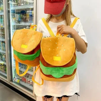 Karikatür Sevimli Sırt Çantası Peluş Malzemeler Tarzı Moda Hamburger Öğrenci Çocuk Çantası Büyük Kapasiteli Kampüs Sırt Çantası Kız Erkek