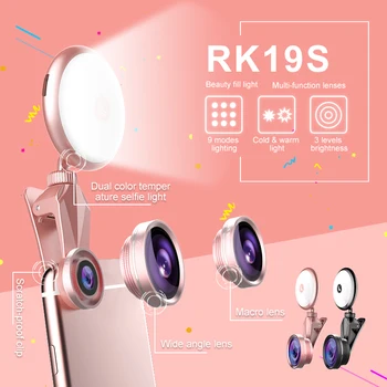 RK19S LED Selfie flaş ışığı dolgu ışığı Sıcak ve Soğuk Ampuller Geniş Açı Balıkgözü Makro Lens 360 Rotasyon iPhone Huawei Vivo