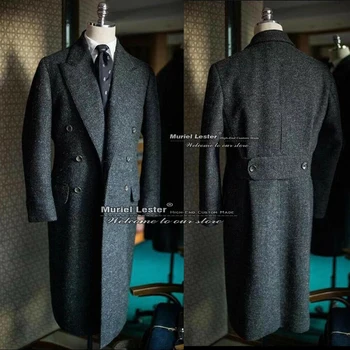 Sonbahar / Kış Erkek Ceket Gri Balıksırtı Uzun Ceket Kruvaze Yün Kalın Tüvit Blazer Custom Made Uzun Palto 2022