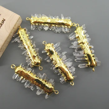 3 ADET Faceted Doğal Temizle Kuvars Kristal 20x40mm Altın Kaplama Çift Kefalet Konektörü Takı Yapımı DIY