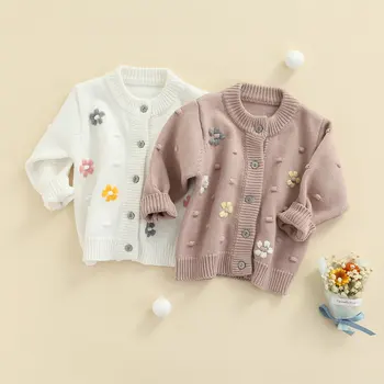 Yenidoğan Bebek Bebek Kız Sevimli Sonbahar Kazak Hırka Örme Papatya Çiçek Uzun Kollu Düğme Nervürlü Ceket Ceket