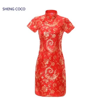 SHENG COCO S-6XL Kırmızı Saten Cheongsam Kısa Dressres Kadın Qipao Çin Pteris Çiçek Desen Geleneksel Artı Boyutu 5XL XL Elbise