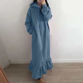 Sonbahar Hoodies Uzun Kollu kadın Kazak Elbise Kış Moda Katı Gevşek Cep Bayanlar Flowy Uzun Maxi Elbiseler Vestidos