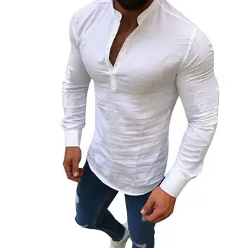 2022 Seksi Yeni Erkek Uzun Kollu Bluz Yaz Moda Rahat Serin Giyim Slim Fit Tees Tops Erkek Nefes Keten Gömlek