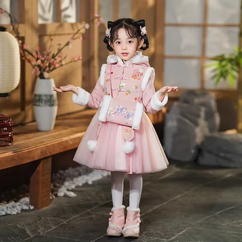 Kızlar Kış Yeni Kalın Qipao Hanfu Peri Prenses Çocuk Elbise Performans Nakış Çin Yeni Yılı Giyim Tebrik Vestido