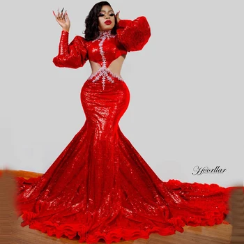 Büyüleyici Kırmızı Sequins Abiye Uzun Kabarık Kollu Custom Made Artı Boyutu Aso Ebi Kadınlar Balo Abiye 2021 Tasarımcı
