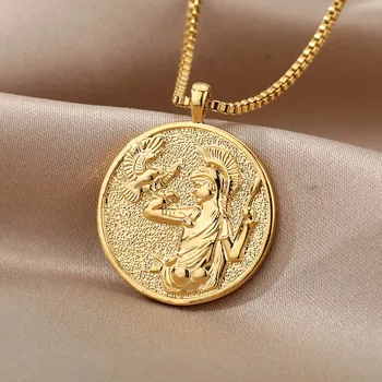 Athena Kolye Kadınlar İçin Paslanmaz Çelik Yunan Tanrıçası Kolye Athena Sikke Kolye Minimalist Madalyon Takı Hediye