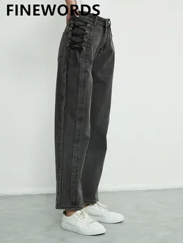 FINEWORDS Yan Çapraz Bandaj Koyu Gri Kot Kadın Vintage Kore Yüksek Bel Kot Streetwear Gevşek Rahat Düz Kot Pantolon