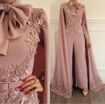 Zarif Müslüman Akşam Elbise 2022 Allık Pembe Dantel Aplikler Boncuklu Akşam Pantolon Dubai Arapça Uzun Kollu Örgün Balo elbisesi