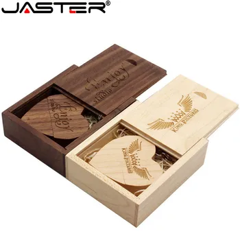 JASTER LOGO özelleştirilmiş ahşap Kalp USB + KUTU USB flash sürücü Pendrive 64GB 32GB 16GB 8GB U Disk fotoğraf düğün hediyeleri