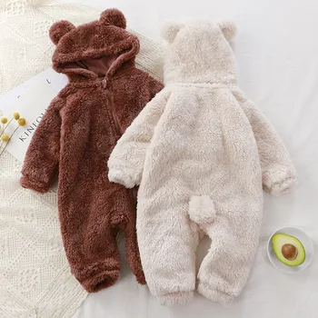 Kış sıcak Bebek Romper Mercan Polar Karikatür Ayı Kapşonlu Erkek Kız Yenidoğan Bebek Tulum Giysileri Yumuşak Pijama Tulum