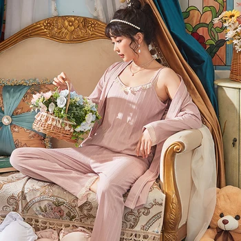 Yeni Sonbahar Örme Pamuk Kadın Pijama 3 Parça Set Kadın Pijama Uzun Kollu Gevşek Yumuşak 5XL Kadın Gecelik Takım Elbise