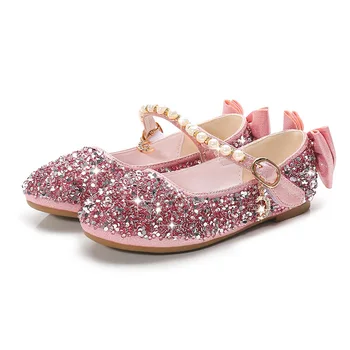 Moda Sequins Bow Çocuk Ayakkabı küçük Kız Elbise Prenses Kristal Dans parti ayakkabıları Çocuklar İçin Düz 3 5 6 7 8 9 10 11 12 Yıl