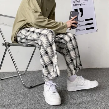 Keten pantolon Erkek Siyah Harajuku Ekose Pantolon 2022 Erkekler Japon Streetwear Baggy Sweatpants Erkek 5 Renkler Vintage günlük pantolon