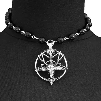 Basit Siyah Oniks Gerdanlık Baphomet Kolye Vintage Pentagram Kafatası Yuvarlak Keçi Kafası Kolye Şeytan Pan Tanrı Kolye