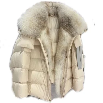 2022 Sonbahar Kış Gerçek Tilki Kürk Yaka Sarı uzun kaban Kadın Kirpi Giyim Ceketler Büyük Boy Kış sıcak