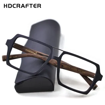 HDCRAFTER Büyük Boy Vintage Kare Gözlük Çerçevesi Şeffaf Lens ile Kadın Erkek Ahşap Optik Gözlük Reçete Çerçeveleri Gözlük