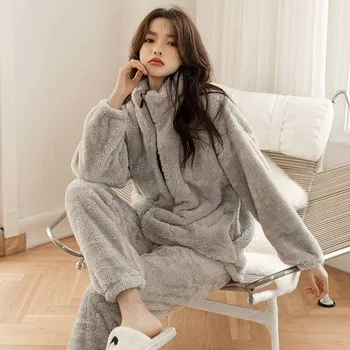 2 ADET Pijama Setleri Kadın Sonbahar kışlık pijama Takım Elbise Kalın Sıcak Pazen Pijama Uzun Kollu Gecelik Kadın Pijama