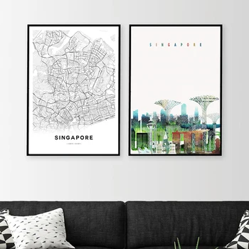 Siyah Beyaz Singapur Haritası Posteri Tuval Boyama, Singapur Baskı Şehir Manzarası Seyahat Duvar Resimleri için Oturma Odası Ev Dekor