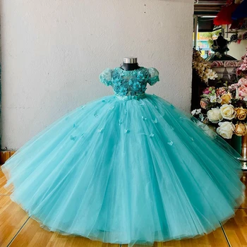 Tavuskuşu Mavi Çiçek Kız Elbise Düğün için Balo Kızlar için Kısa Puf Kollu 3D Çiçekler Aplike Çocuk Doğum Günü Elbise