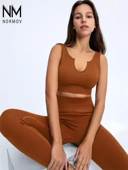 NORMOV 2/3/4 ADET Set Kadınlar Nervürlü Spor Push Up Sütyen Spor Dikişsiz Seti Yüksek Bel Tayt Katı Elastik Örme Takım Elbise Kadın