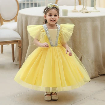 Yenidoğan Düğün 1 Yıl doğum günü elbiseleri Bebek Zarif Parti Sequins Bow Tutu Vaftiz Elbisesi Çocuk Çocuk Pageant Elbise