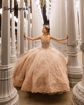 Parlak Prenses Tatlı 16 Balo Quinceanera Elbise 2022 Boncuk Aplikler Sevgiliye Doğum Günü Partisi Vestidos De 15 Años Dantel-Up