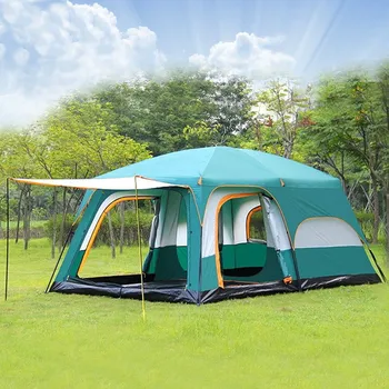 Ultralarge Bir Salon İki Yatak Odalı Çift Katmanlı 6-12 Kişi Kullanımı Açık Parti Aile Kamp Çadırı Büyük Gazebo