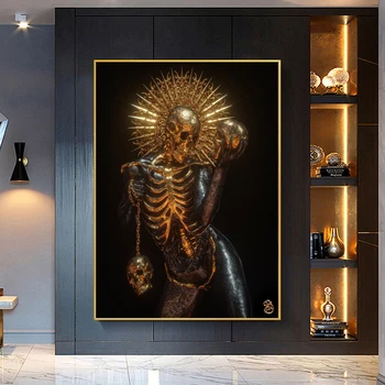 Altın Metal Şekil Kafatası Heykeli Resim Duvar Posteri Modern Tuval Baskı Boyama Sanat Koridor Oturma Odası yatak odası dekoru Cuadros