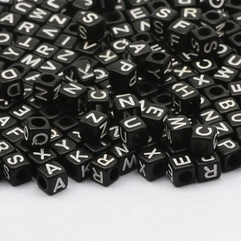 6mm Kare Akrilik Boncuk Karışık Siyah Mektup Gevşek halka boncuk Takı Yapımı İçin El Yapımı Dıy Kolye Bilezik Aksesuarları