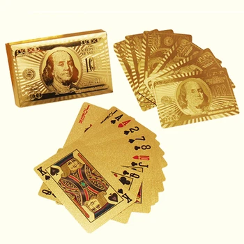 Altın Oyun Kartı Güverte Sihirli Numara 24K Altın Poker Plastik Oyun Kartı Altın $100 Franklin Logo Folyo su Geçirmez Kartları Set 